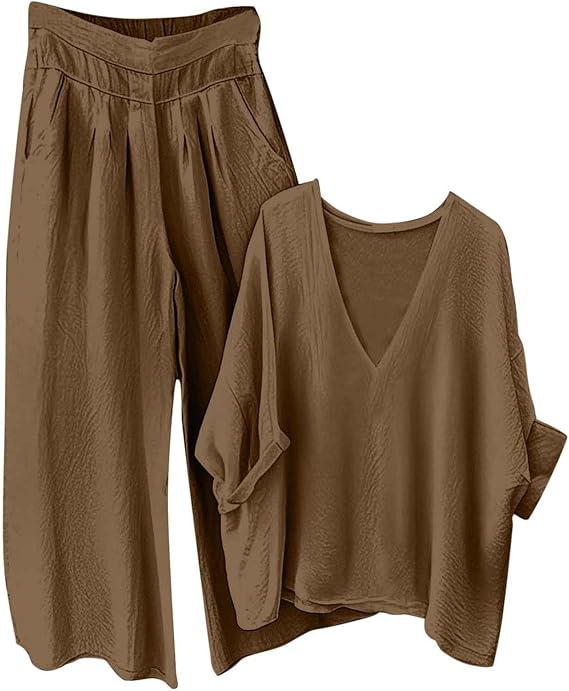Loungewear Sets for Women Baggy Summer Two Piece Outfits Long Sleeve V Neck Blouses and Wide Leg Trousers Ladies Oversized Tracksuit Sets Cotton Linen Suits Pyjamas Set 2 Piece Co Ords