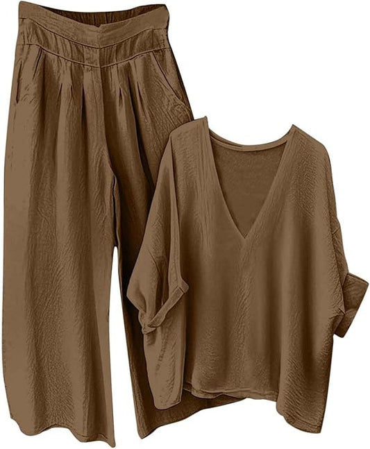 Loungewear Sets for Women Baggy Summer Two Piece Outfits Long Sleeve V Neck Blouses and Wide Leg Trousers Ladies Oversized Tracksuit Sets Cotton Linen Suits Pyjamas Set 2 Piece Co Ords