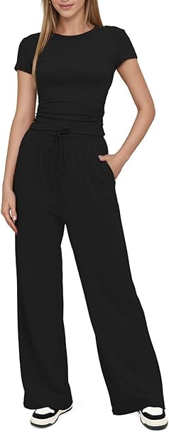 Summer 2 Piece Outfits Women Lounge Wear Sets Ruched Short Sleeve Crop Tops and High Elastic Waisted Wide Straight Leg Pants Tracksuit Activewear Casual Leisure Wear Sets