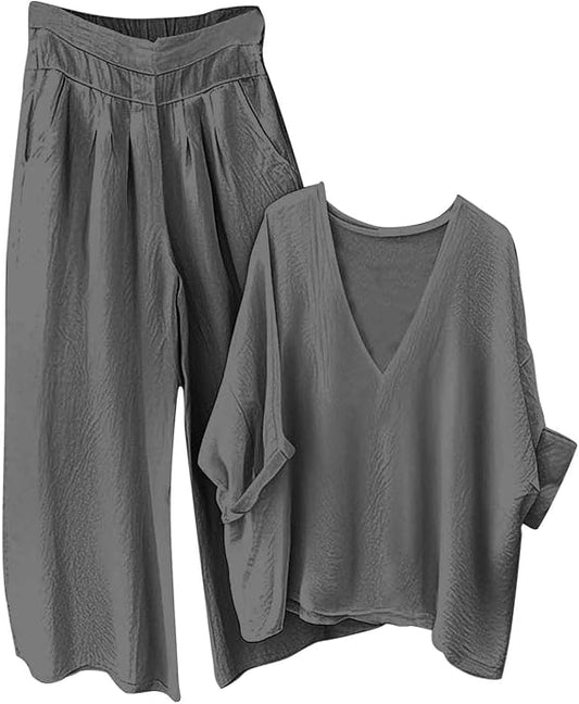 Loungewear Sets for Women Baggy Summer Two Piece Outfits Long Sleeve V Neck Blouses and Wide Leg Trousers Ladies Oversized Tracksuit Sets Cotton Linen Suits Pyjamas Set 2 Piece Co Ords