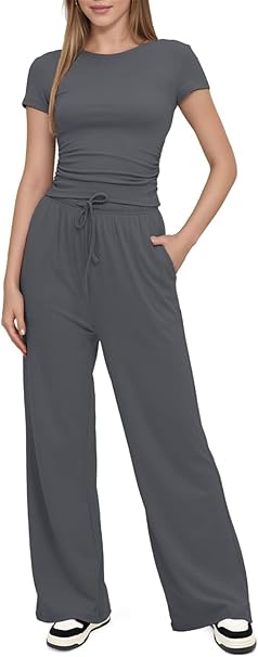 Summer 2 Piece Outfits Women Lounge Wear Sets Ruched Short Sleeve Crop Tops and High Elastic Waisted Wide Straight Leg Pants Tracksuit Activewear Casual Leisure Wear Sets