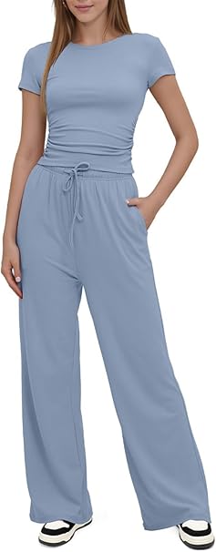 Summer 2 Piece Outfits Women Lounge Wear Sets Ruched Short Sleeve Crop Tops and High Elastic Waisted Wide Straight Leg Pants Tracksuit Activewear Casual Leisure Wear Sets